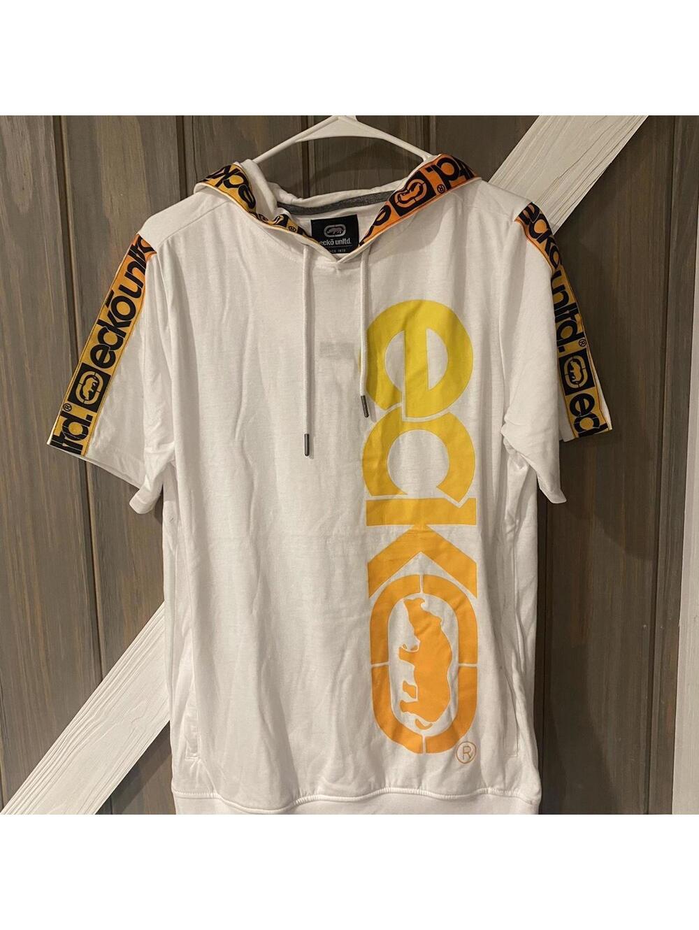 Ecko Unltd. White Short Sleeve Hoodie w/ Yellow Graphics - Small